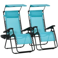 Outsunny 2 Piece Foldable Lounge Chair with Canopy Shade, Outdoor Zero Gravity Chair w/ Side Tray & Cup Holder, Reclining Lounger w/ Breathable Mesh Fabric Seat, Pillow, Sky Blue(m-2)