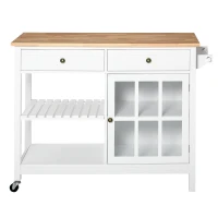 HOMCOM Rolling Kitchen Island with Storage, Kitchen Cart with Solid Wood Top, Glass Door Cabinet, Adjustable Shelf, Towel Rack, 2 Drawers for Dining Room, White(m-11)