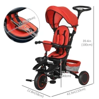 Aosom 6-in-1 Toddler Tricycle for 12-50 Months, Foldable Kids Trike with Adjustable Seat and Push Handle, Safety Harness, Removable Canopy, Footrest, Red(m-3)