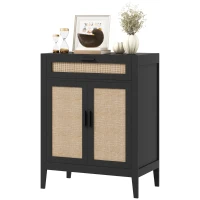 HOMCOM Kitchen Sideboard, Boho Storage Cabinet with 2 Rattan Decorated Doors and Drawer for Dining Room, Black(m-2)