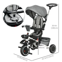Aosom 6-in-1 Toddler Tricycle for 12-50 Months, Foldable Kids Trike with Adjustable Seat and Push Handle, Safety Harness, Removable Canopy, Footrest, Grey(m-3)