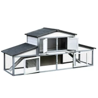 PawHut 89"L Outdoor Rabbit Hutch, Guinea Pig Cage Indoor Outdoor Wooden Bunny Hutch with Double Runs, Weatherproof Roof, Removable Tray, Ramps, Gray(m-11)