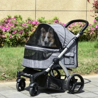PawHut Pet Stroller Foldable Dog Cat Travel Carriage with Adjustable Handlebar PVC Wheel Brake Storage Bag Mesh Window Safety Leash Aluminum Grey(m-10)