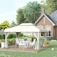 Outsunny 13' x 10' Outdoor Patio Gazebo Canopy with 2-Tier Polyester Roof, Vented Mesh Sidewall & Strong Aluminum Frame, Cream White(m-8)