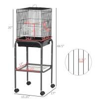 Pawhut 45-inch Metal Indoor Bird Cage, Parrot Cage, Bird Aviary with Detachable Rolling Stand, Storage Basket, and Accessories - Black(m-3)
