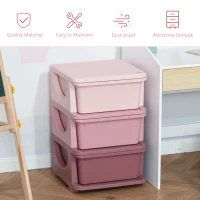 Qaba 3 Tier Kids Storage Unit, 3 Drawer Chest Toy Organizer Plastic Bins for Kids Bedroom Nursery Kindergarten Living Room for Boys Girls Toddlers, Pink(m-4)