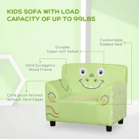 Qaba Kids Sofa, Armrest Chair for Preschool, Toddler Couch for Kids Room, Kindergarten with Cute Animal Print, Super-soft Velvet, Eucalyptus Wood, Green(m-4)