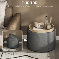 HOMCOM Round Storage Ottoman Coffee Table with Flip Top Tray, Linen Fabric Upholstered Footstool with Hidden Compartment(m-4)