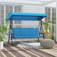 Outsunny 3-Seat Outdoor Porch Swing Patio Swing with Adjustable Canopy, Side Tray, Removable Cushion for Garden, Poolside, Blue(m-1)