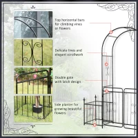 Outsunny 86" Garden Arch Arbor, Metal Arch Trellis with Gate and Planter Baskets, Garden Archway for Climbing Vines, Wedding Ceremony Decoration, Flourishes & Arrow Tips, Black(m-6)