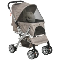 PawHut 4 Wheels Pet Stroller w/ Reversible Handle, Foldable Dog Cat Travel Carriage w/ EVA Wheels Basket Storage Bag 3-stage Canopy Brown(m-2)