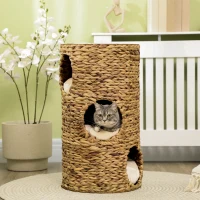 PawHut Elevated Cat Bed with Three Hideaways & Four Soft Plush Cushions, Cat Tower with Hand-Woven Materials, Multi-Layer Raised Kitten Bed Caves(m-2)