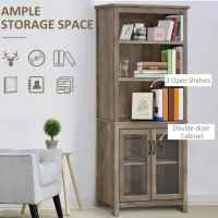 HOMCOM 71" Bookcase Storage Hutch Cabinet with Adjustable Shelves and Glass Doors for Home Office, Kitchen, Living Room, Natural Wood(m-4)