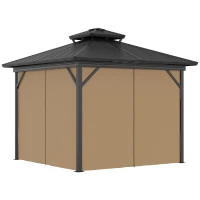 Outsunny 10' x 10' Hardtop Gazebo with Curtains and Netting, Permanent Pavilion Metal Double Roof Gazebo Canopy with Aluminum Frame and Hooks, for Garden, Patio, Backyard, Dark Brown(m-11)