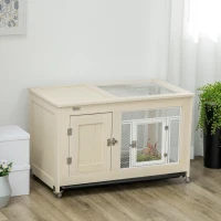 PawHut Small Rabbit Hutch, Indoor Bunny Cage on Wheels, Rabbit Habitat with Openable Top, Pull-Out Tray, Quail Cage Rabbit Cage Inside, 37.5" x 21" x 24.5"(m-10)
