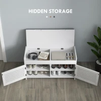 HOMCOM Entryway Bench with Cushion, Hidden Storage, Adjustable Shelves and Shutter Doors, 35.4" Shoe Bench, White(m-4)
