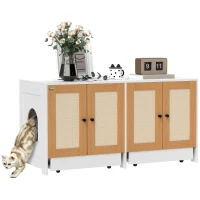 PawHut Cat Litter Box Enclosure w/ 2 Cabinets, Scratching Mats, Pull-Out Trays, Hidden Litter Box for 2 Cats, White(m-11)