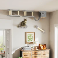 PawHut 4 Piece Cat Wall Shelves with Scratching Post, Ladder, Condo, Jumping Platforms, Light Grey(m-1)