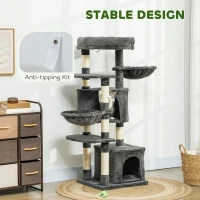 PawHut 52.5" Cat Tree Tower with Scratching Posts, Cat Condos, Bed, Platforms, Hammocks, for Indoor Cats, Dark Grey(m-7)
