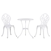 Outsunny 3 Pieces Patio Bistro Set, Outdoor Cast Aluminum Garden Table and Chairs with Umbrella Hole for Balcony, White(m-2)