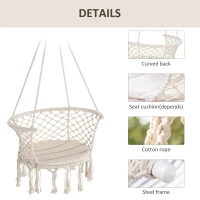 Outsunny Hanging Hammock Chair, Cotton Rope Porch Hammock Swing with Metal Frame and Cushion, Large Macrame Seat for Patio, Garden, Bedroom, Living Room,  Cream White(m-6)