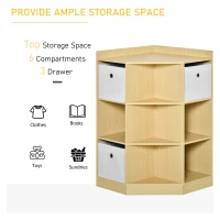 HOMCOM Kids Corner Cabinet, Cubby Toy Storage Organizer, Bookshelf Unit with Three Baskets for Playroom, Bedroom, Living Room, Natural(m-5)