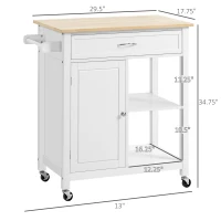 HOMCOM Kitchen Island Cart, Rolling Kitchen Island with Storage Shelf, Solid Wood Top, Drawer, for Dining Room, White(m-3)