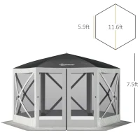 Outsunny 12' x 12' Hexagon Automatic Pop Up Screen Tents Camping Shelter Picnic Canopy with Mesh Sidewalls and Carry Bag, Grey(m-3)