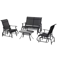 Outsunny 4 Pieces Gliders Set, Outdoor Furniture Sets with 2-Person Glider Patio Bench, Single Sling Chair and Glass Coffee Table for Backyard, Lawn and Garden, Black(m-11)