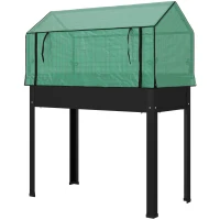 Outsunny Raised Garden Bed Planter with PE Greenhouse Cover, Elevated Garden Bed Box with Drainage Hole for Flowers, Black(m-2)