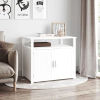 PawHut Wooden Cat Litter Box Enclosure Furniture with Adjustable Partition, Cat Washroom End Table with Open Shelf, White(m-10)