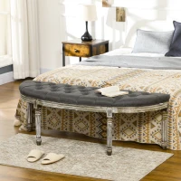 HOMCOM Vintage Semi-Circle End of Bed Bench, Upholstered Bedroom Entryway Bench with Tufted Linen-Touch Fabric with Rubberwood Legs, Gray(m-2)