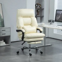 HOMCOM Overstuffed Office Chair, High Back Desk Chair with Foot Rest, Reclining PU Leather Computer Chair, Cream White(m-2)