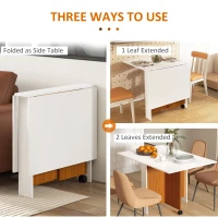 HOMCOM Foldable Dining Table, Drop Leaf Folding Side Table Console Writing Desk with 2 Wheels for Kitchen, Dining Room, Teak, White(m-4)