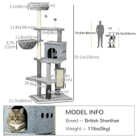 PawHut 59" Cat Tree with Scratching Posts, Self Groomer, Scratching Pad, Large Cat Tower for Indoor Cats with Hammock, Bed, House, Toys, Grey(m-3)