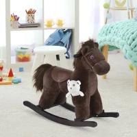 Qaba Kids Plush Ride-On Rocking Horse with Bear Toy, Children Chair with Soft Plush Toy & Fun Realistic Sounds, Brown(m-2)