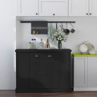 HOMCOM Cottage Kitchen Island with Storage, Buffet Cabinet with Drawer, 2-Door Cupboard, 4 Adjustable Side Open Shelves for Dining Room, Black(m-4)