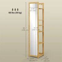 HOMCOM 66" x 14" Standing Mirror with 6-Tier Shelf, Floor Mirror Full Body Mirror for Bathroom, Living Room, Nature Wood(m-3)