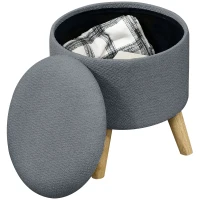 HOMCOM Round Ottoman Stool with Storage, Linen Upholstered Foot Stool with Padded Seat, Hidden Space and Wood Legs, Gray(m-11)