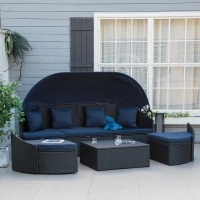 Outsunny 4 Pieces Patio PE Wicker Round Daybed, Outdoor Rattan Garden Lounge Furniture Sets, Dark Blue(m-1)