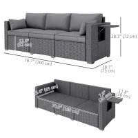 Outsunny 3 Seater Wicker Patio Sofa with Side Trays, Outdoor Couch with 6" Thick Back Cushions, Deep Seating, Grey(m-3)