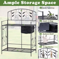 Outsunny Folding Potting Bench Table, Metal Garden Workstation, Work Bench with Build-In Bag with Cover, Hanging Hooks & Storage Shelf(m-4)