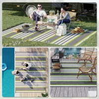 Outsunny Reversible Outdoor Rug, 9' x 12' Waterproof Plastic Straw Floor Mat, Portable RV Camping Carpet, Large Floor Mat for Backyard, Deck, Picnic, Beach, Green & Gray Stripes(m-5)