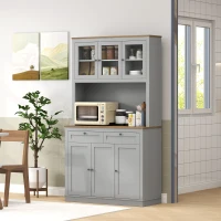 HOMCOM 71" Pantry Cabinet with Microwave Space, Buffet with Hutch, 2 Drawers, Adjustable Shelves and Glass Doors, Grey(m-8)