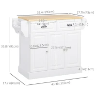 HOMCOM Kitchen Island With Storage Rolling Kitchen Serving Cart with Rubber Wood Top Towel Rack Storage Drawer Cabinet, White(m-3)