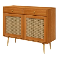 HOMCOM Kitchen Storage Cabinet, Garage Cabinets with 3 Rattan Doors and Adjustable Shelf, Boho Accent Cabinet for Living Room(m-11)