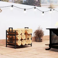 Outsunny Decorative Firewood Rack Outdoor Indoor Steel Wood Storage Log Holder with Side Handles, 19.7" x 13.4" x 17.7", Black(m-8)