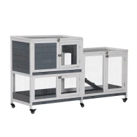 PawHut Wooden Rabbit Hutch Elevated Pet House Bunny Cage Small Animal Habitat with Slide-out Tray Lockable Door Openable Top for Indoor 58" x 18" x 35" Grey(m-11)