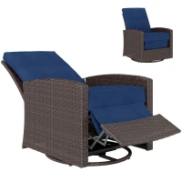 Outsunny Outdoor Wicker Swivel Recliner Chair, Reclining Backrest, Lifting Footrest, 360° Rotating Basic, Water Resistant Cushions for Patio, Dark Blue(m-1)