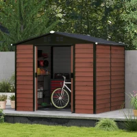 Outsunny 8' x 7' Outdoor Storage Shed, Galvanized Steel Metal Garden Shed with Lockable Doors, Floor Frame, Vents, Lock and Gloves for Backyard, Lawn, Patio, Teak(m-9)